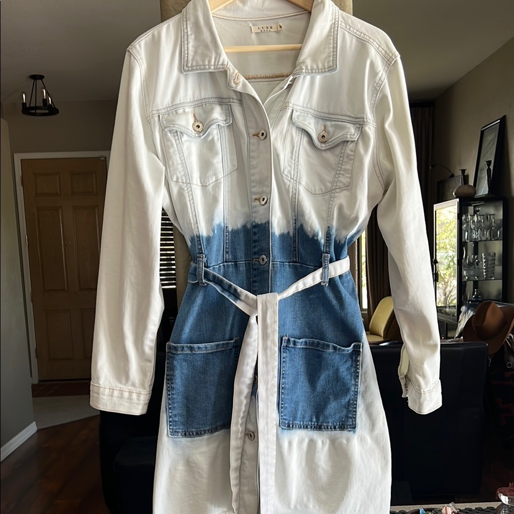 White and Blue Denim Belted Dress